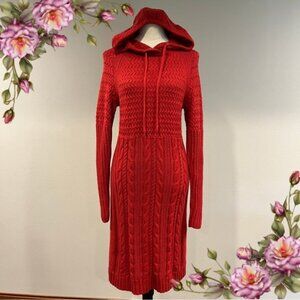 Athleta 100% merino wool sporty hooded Red Cable Knit sweater Dress size medium